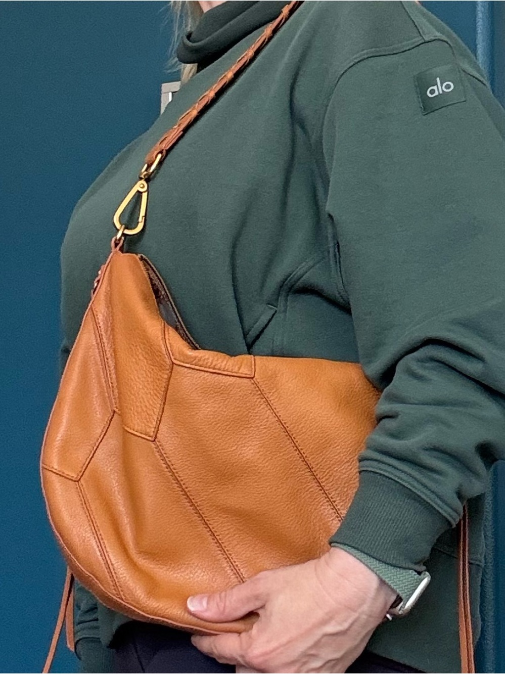 HOBO Tan Leather Crescent Shoulder Bag with Braided Strap * unique patchwork EUC - Picture 4 of 10